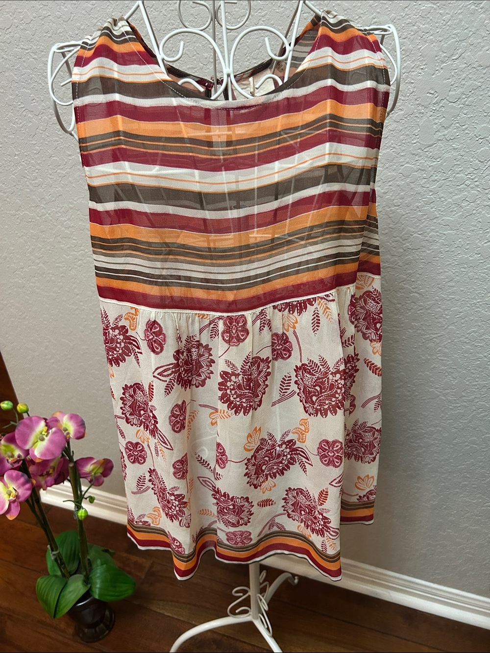 Striped and Floral Summer top  
in Burgundy, Mustard, Cream by Antropolgie M
